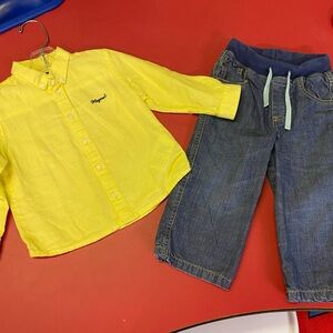 Mayoral linen roll up long sleeves shirt 24m and Baby Boden lined jeans 18-24m